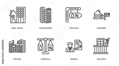 real estate outline icons set. thin line icons such as real state, skyscraper, for sale, for rent, facade, juridical, tenant, balcony vector.
