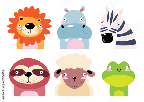 Set of wildlife animals . Dumb face . Vector illustration .