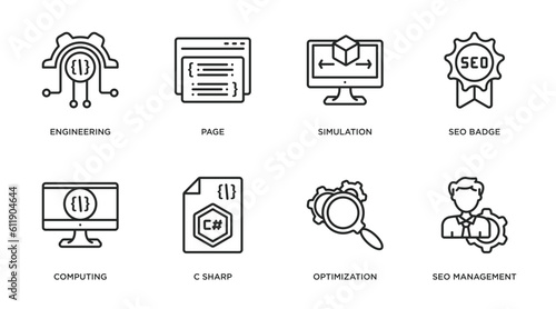 programming outline icons set. thin line icons such as engineering, page, simulation, seo badge, computing, c sharp, optimization, seo management vector.