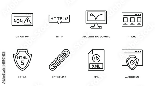 programming outline icons set. thin line icons such as error 404, http, advertising bounce, theme, html5, hyperlink, xml, authorize vector.