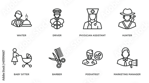 professions outline icons set. thin line icons such as waiter, driver, physician assistant, hunter, baby sitter, barber, podiatrist, marketing manager vector.