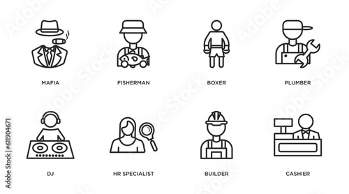 professions outline icons set. thin line icons such as mafia, fisherman, boxer, plumber, dj, hr specialist, builder, cashier vector.