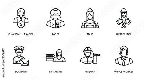 professions outline icons set. thin line icons such as financial manager, racer, maid, lumberjack, postman, librarian, fireman, office worker vector.