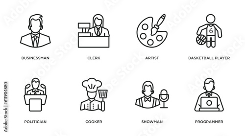 professions outline icons set. thin line icons such as businessman, clerk, artist, basketball player, politician, cooker, showman, programmer vector.