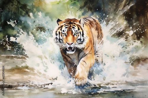 Watercolour abstract animal painting of a tiger running across a river which could be used as a poster or flyer, computer Generative AI stock illustration image