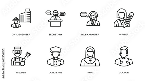 professions outline icons set. thin line icons such as civil engineer, secretary, telemarketer, writer, welder, concierge, nun, doctor vector.