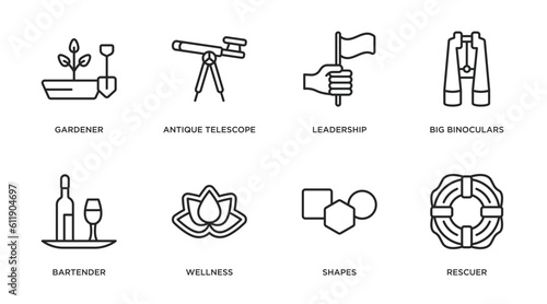 people skills outline icons set. thin line icons such as gardener, antique telescope, leadership, big binoculars, bartender, wellness, shapes, rescuer vector.