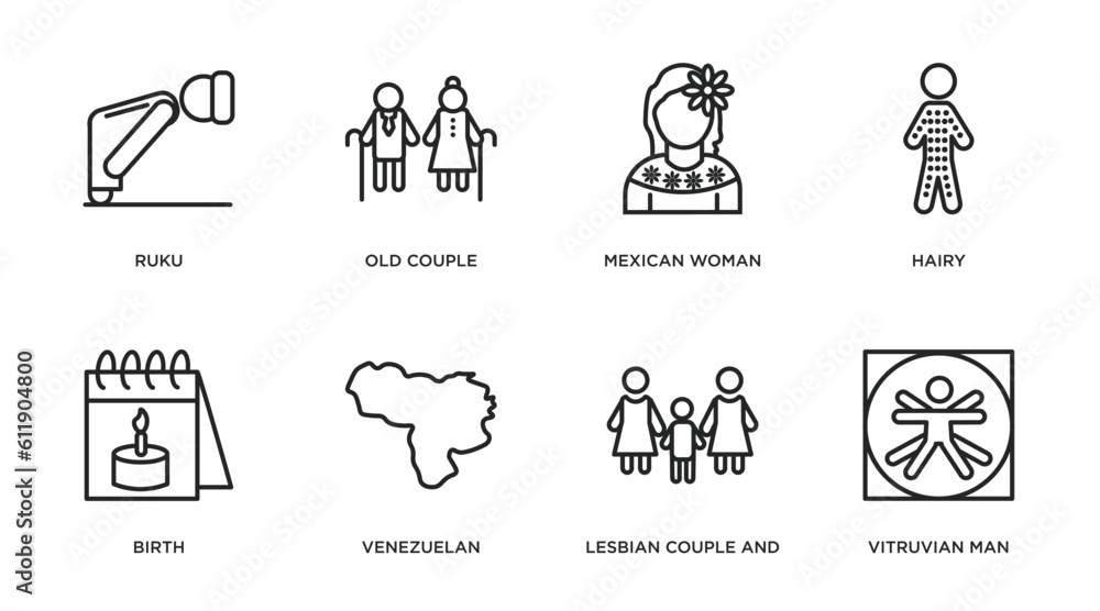 people outline icons set. thin line icons such as ruku, old couple, mexican woman, hairy, birth, venezuelan, lesbian couple and son, vitruvian man vector. people outline icons set. thin line icons such as ruku, old couple, mexican woman, hairy, birth, venezuelan, lesbian couple and son, vitruvian man vector.