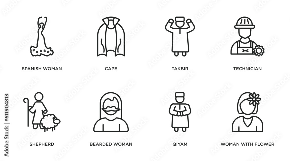 people outline icons set. thin line icons such as spanish woman, cape, takbir, technician, shepherd, bearded woman, qiyam, woman with flower vector. people outline icons set. thin line icons such as spanish woman, cape, takbir, technician, shepherd, bearded woman, qiyam, woman with flower vector.