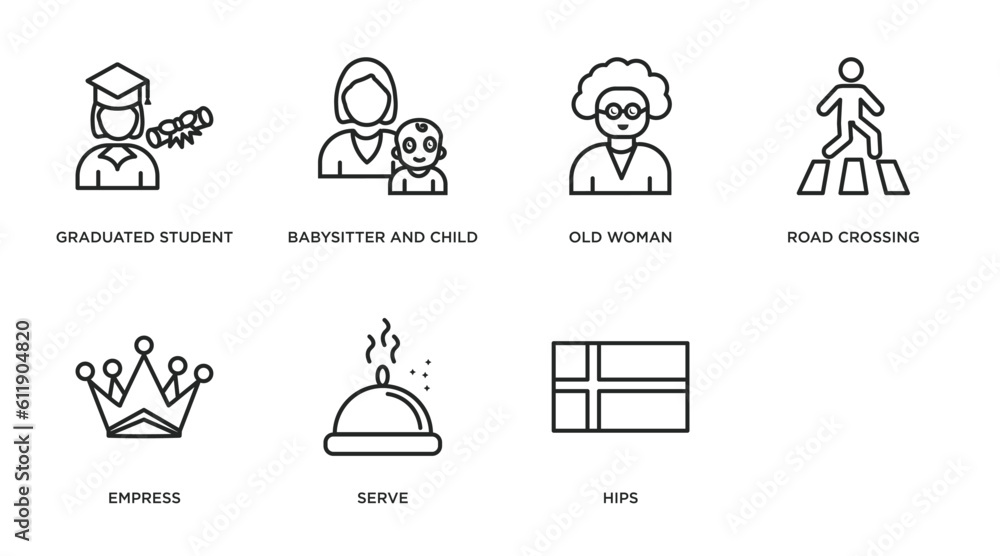 people outline icons set. thin line icons such as graduated student, babysitter and child, old woman, road crossing, empress, serve, hips, norwegian vector. people outline icons set. thin line icons such as graduated student, babysitter and child, old woman, road crossing, empress, serve, hips, norwegian vector.