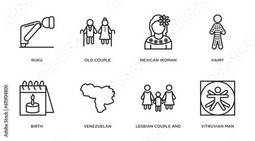 people outline icons set. thin line icons such as ruku, old couple, mexican woman, hairy, birth, venezuelan, lesbian couple and son, vitruvian man vector.