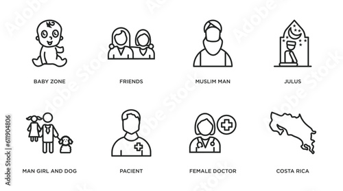 people outline icons set. thin line icons such as baby zone, friends, muslim man, julus, man girl and dog, pacient, female doctor, costa rica vector.