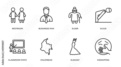 people outline icons set. thin line icons such as restroom, bussiness man, elder, sujud, classroom stats, colombian, elegant, kidnapping vector.