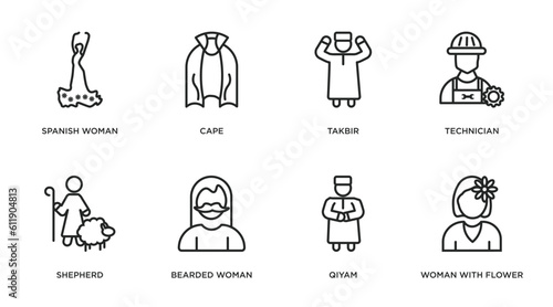 people outline icons set. thin line icons such as spanish woman, cape, takbir, technician, shepherd, bearded woman, qiyam, woman with flower vector.