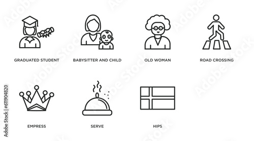 people outline icons set. thin line icons such as graduated student, babysitter and child, old woman, road crossing, empress, serve, hips, norwegian vector.