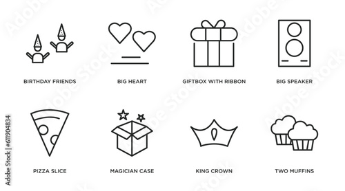 party outline icons set. thin line icons such as birthday friends, big heart, giftbox with ribbon, big speaker, pizza slice, magician case, king crown, two muffins vector.