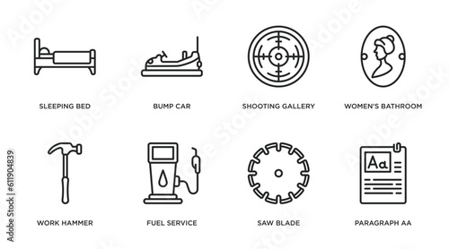 other outline icons set. thin line icons such as sleeping bed, bump car, shooting gallery, women's bathroom, work hammer, fuel service, saw blade, paragraph aa vector.