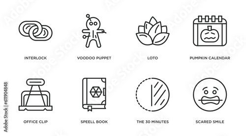 other outline icons set. thin line icons such as interlock, voodoo puppet, loto, pumpkin calendar, office clip, speell book, the 30 minutes, scared smile vector.