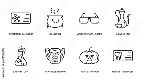 other outline icons set. thin line icons such as chemistry business card, caudron, vintage eyeglasses, arabic jar, labaratory, japanese demon, pirate pumpkin, dentist business card vector.