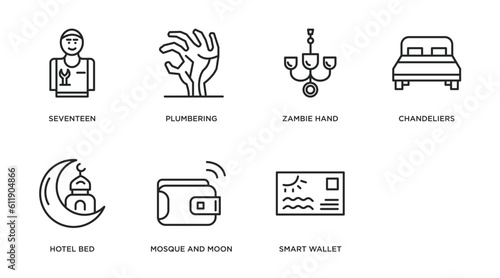 other outline icons set. thin line icons such as seventeen, plumbering, zambie hand, chandeliers, hotel bed, mosque and moon, smart wallet, sea business card vector. photo