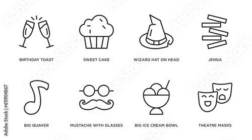 party outline icons set. thin line icons such as birthday toast, sweet cake, wizard hat on head, jenga, big quaver, mustache with glasses, big ice cream bowl, theatre masks vector.