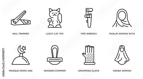 other outline icons set. thin line icons such as nail trimmer, lucky cat toy, pipe wrench, muslim woman with hijab, mosque moon and star, wooden stamper, grooming glove, araba woman vector. photo