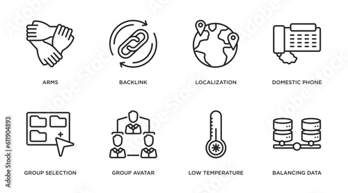 networking outline icons set. thin line icons such as arms, backlink, localization, domestic phone, group selection, group avatar, low temperature, balancing data vector.