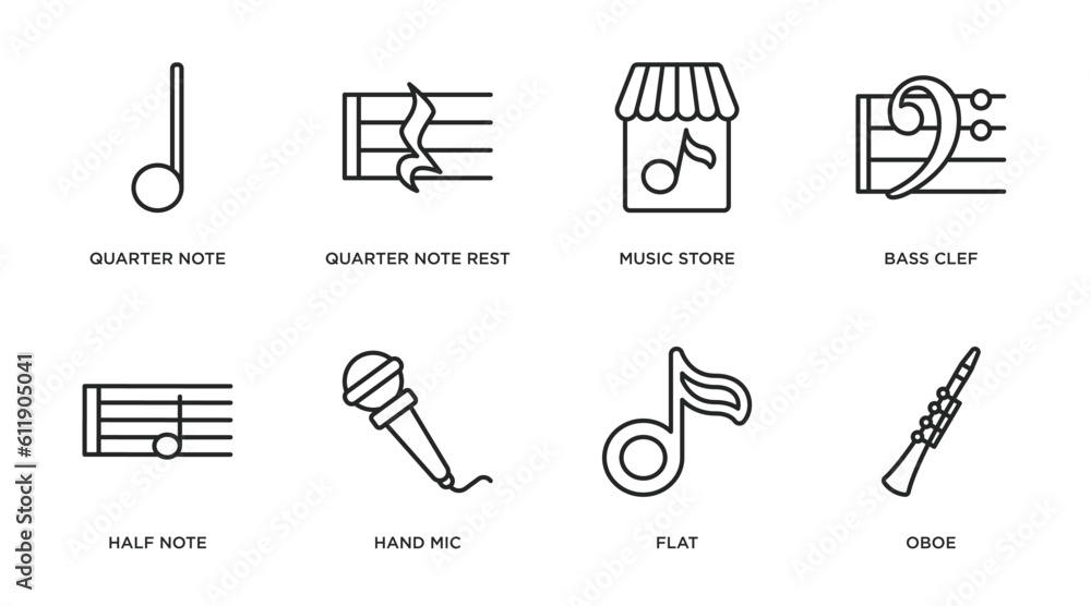 music and media outline icons set. thin line icons such as quarter note, quarter note rest, music store, bass clef, half note, hand mic, flat, oboe vector. music and media outline icons set. thin line icons such as quarter note, quarter note rest, music store, bass clef, half note, hand mic, flat, oboe vector.