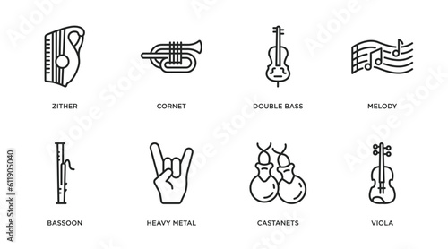 music outline icons set. thin line icons such as zither, cornet, double bass, melody, bassoon, heavy metal, castanets, viola vector.