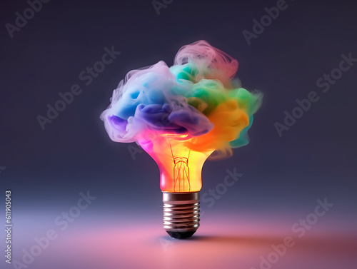 A colorful light bulb shines with creative brilliance, symbolizing ideas. Rainbow colors smoke. Creative idea concept. AI generative illustration art.