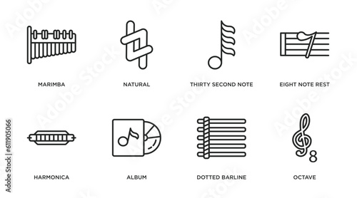 music and media outline icons set. thin line icons such as marimba, natural, thirty second note, eight note rest, harmonica, album, dotted barline, octave vector.