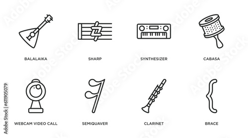 music and media outline icons set. thin line icons such as balalaika, sharp, synthesizer, cabasa, webcam video call, semiquaver, clarinet, brace vector.