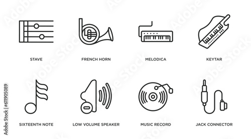 music and media outline icons set. thin line icons such as stave, french horn, melodica, keytar, sixteenth note, low volume speaker, music record, jack connector vector. photo