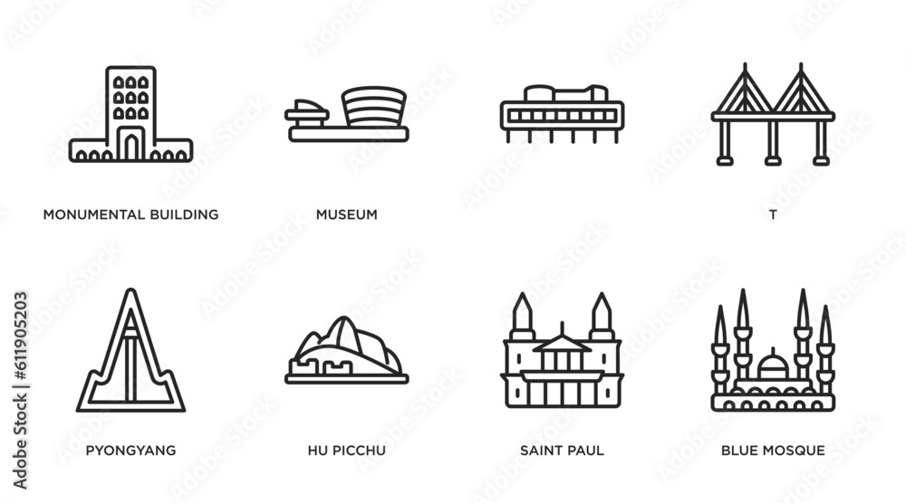 monuments outline icons set. thin line icons such as monumental building, museum, , t, pyongyang, hu picchu, saint paul, blue mosque vector.