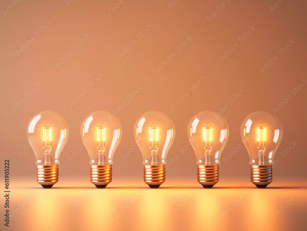 A row of glowing white light bulbs, capturing attention with symbolic power of choice. The concept of Idea. AI generative. A row of glowing white light bulbs, capturing attention with symbolic power of choice. The concept of Idea. AI generative.