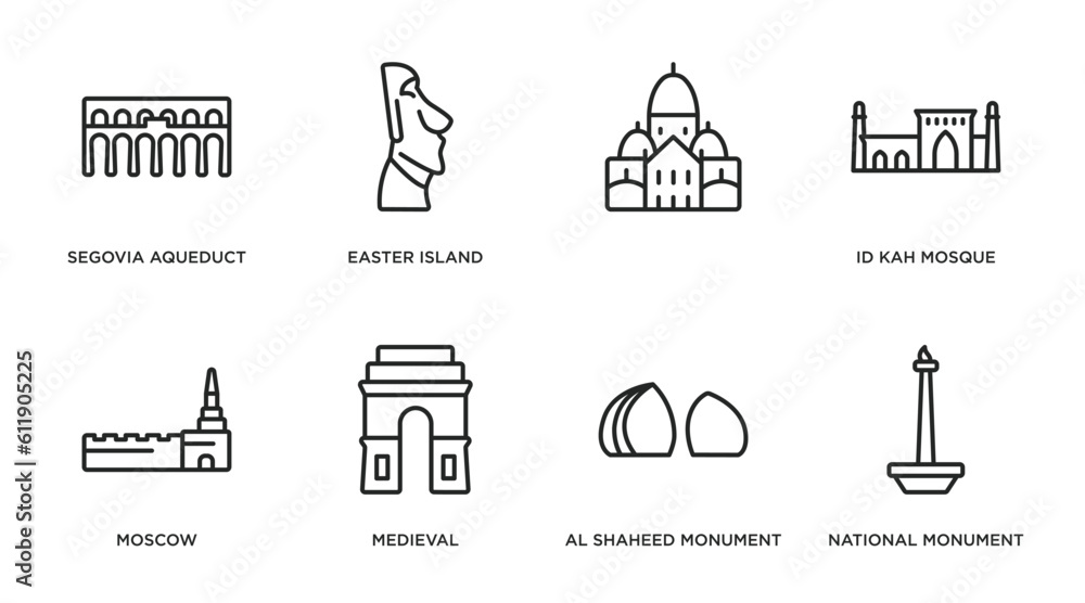 monuments outline icons set. thin line icons such as segovia aqueduct, easter island, , id kah mosque, moscow, medieval, al shaheed monument, national monument monas vector. monuments outline icons set. thin line icons such as segovia aqueduct, easter island, , id kah mosque, moscow, medieval, al shaheed monument, national monument monas vector.