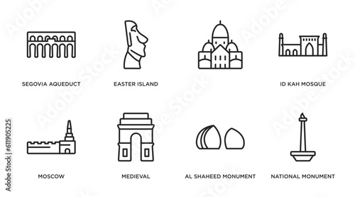 monuments outline icons set. thin line icons such as segovia aqueduct, easter island, , id kah mosque, moscow, medieval, al shaheed monument, national monument monas vector. photo