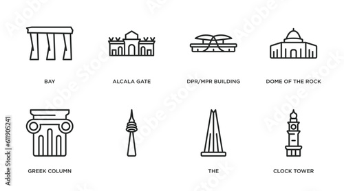 monuments outline icons set. thin line icons such as bay, alcala gate, dpr/mpr building, dome of the rock, greek column, , the, clock tower vector.