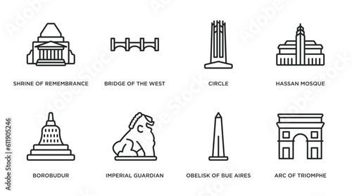 monuments outline icons set. thin line icons such as shrine of remembrance, bridge of the west, circle, hassan mosque, borobudur, imperial guardian lion, obelisk of bue aires, arc triomphe vector.