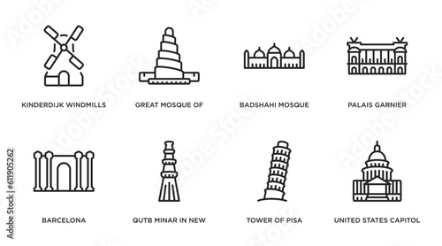 monuments outline icons set. thin line icons such as kinderdijk windmills, great mosque of samarra, badshahi mosque, palais garnier, barcelona, qutb minar in new delhi, tower of pisa, united states