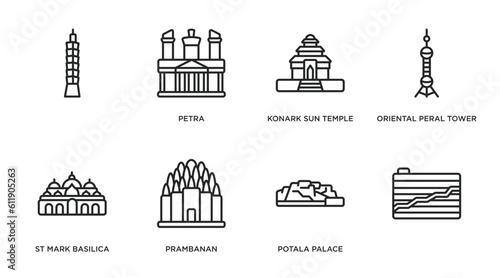 monuments outline icons set. thin line icons such as , petra, konark sun temple, oriental peral tower, st mark basilica, prambanan, potala palace,