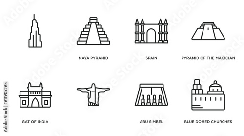 monuments outline icons set. thin line icons such as , maya pyramid, spain, pyramid of the magician, gat of india, abu simbel, blue domed churches © IconArt