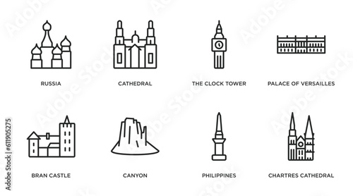 monuments outline icons set. thin line icons such as russia, cathedral, the clock tower, palace of versailles, bran castle, canyon, philippines, chartres cathedral vector. photo