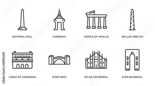 monuments outline icons set. thin line icons such as national mall, cambodia, temple of apollo, walled obelisk, lonja of zaragoza, stari most, milan cathedral, ejer baunehoj vector.
