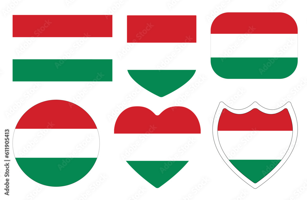 Hungary flag in design shape set. Flag of Hungary in design shape set. Hungary flag in design shape set. Flag of Hungary in design shape set.