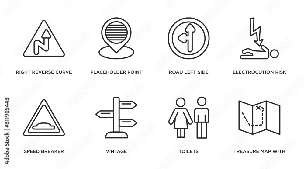 maps and flags outline icons set. thin line icons such as right reverse curve, placeholder point, road left side, electrocution risk, speed breaker, vintage, toilets, treasure map with x vector.