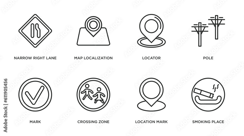 maps and flags outline icons set. thin line icons such as narrow right lane, map localization, locator, pole, mark, crossing zone, location mark, smoking place vector. maps and flags outline icons set. thin line icons such as narrow right lane, map localization, locator, pole, mark, crossing zone, location mark, smoking place vector.