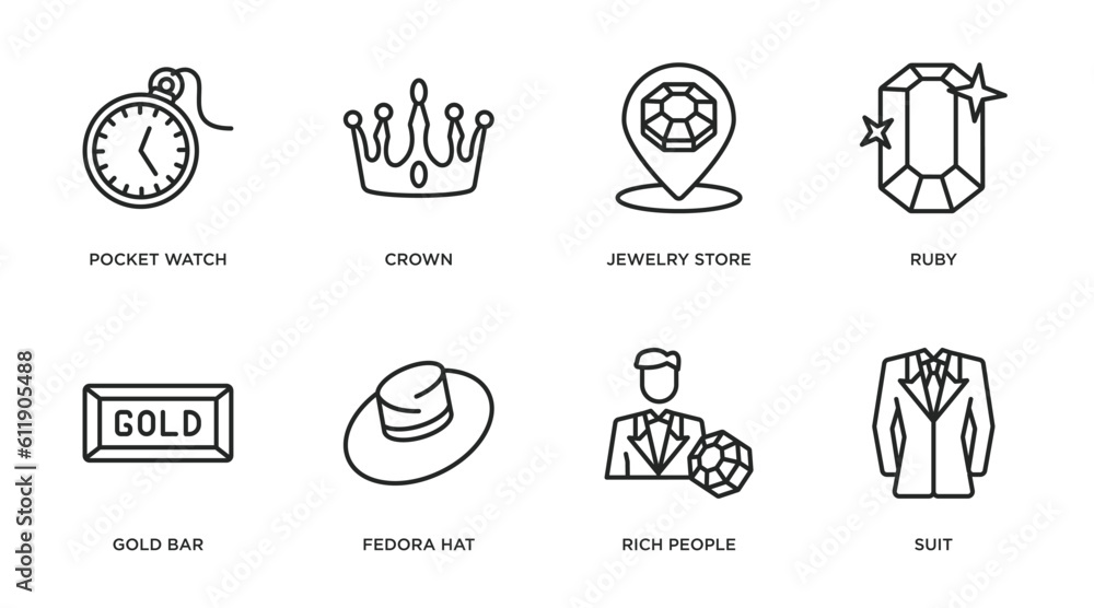 luxury outline icons set. thin line icons such as pocket watch, crown, jewelry store, ruby, gold bar, fedora hat, rich people, suit vector. luxury outline icons set. thin line icons such as pocket watch, crown, jewelry store, ruby, gold bar, fedora hat, rich people, suit vector.
