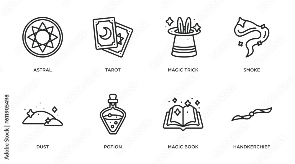 magic outline icons set. thin line icons such as astral, tarot, magic trick, smoke, dust, potion, magic book, handkerchief vector.