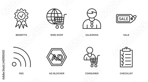 marketing outline icons set. thin line icons such as benefits, web shop, salesman, sale, rss, ad blocker, consumer, checklist vector.